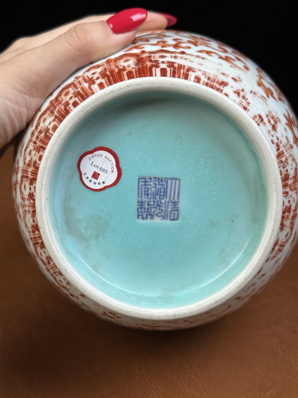 清道光 矾红缠枝莲纹瓶 - 图11