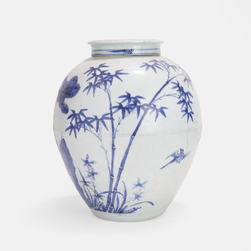 清顺治 青花岁寒三友图盖罐 | A Chinese blue and white vase and cover Shunzhi (1644-1661), of ovoid form - 图2