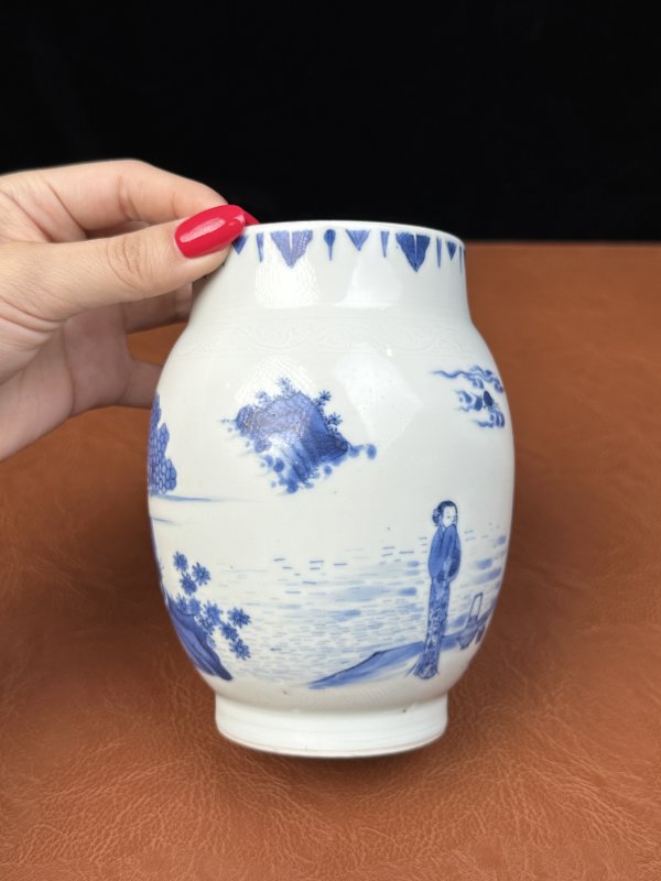 明崇祯 青花范蠡访西施“浣纱图”莲子罐 - 图8