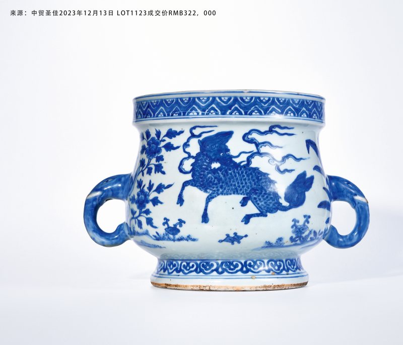 明嘉靖  青花仙瑞麒麟纹双象耳炉 - 图3