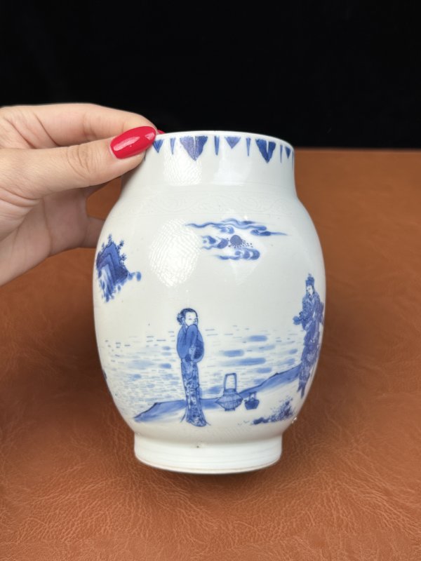 明崇祯 青花范蠡访西施“浣纱图”莲子罐 - 图9