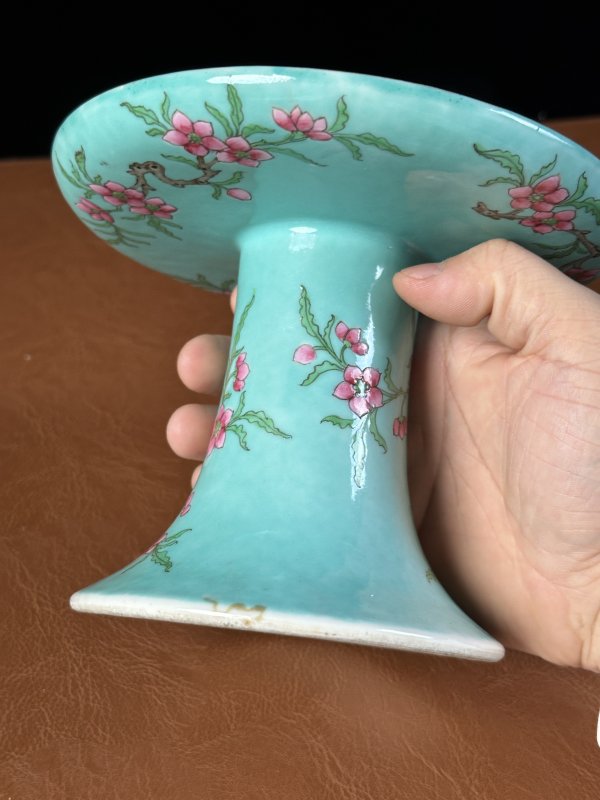 清 松石绿地粉彩桃花高足盏托 - 图7