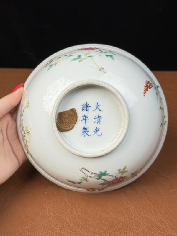 清光绪 内青花荷塘图外粉彩折枝花卉纹碗 - 图16