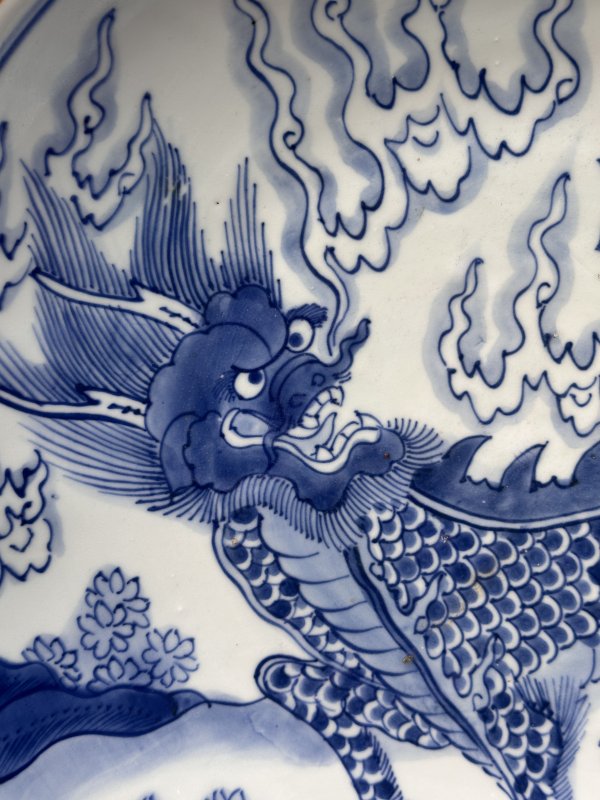 清顺治 青花麒麟芭蕉大盘 - 图5