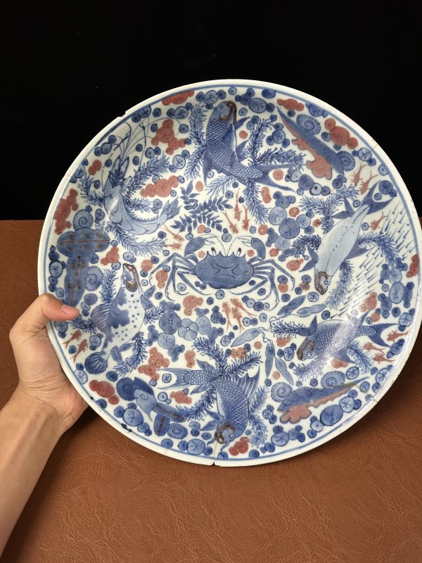 清康熙 青花釉里红鱼藻纹大盘 - 图3