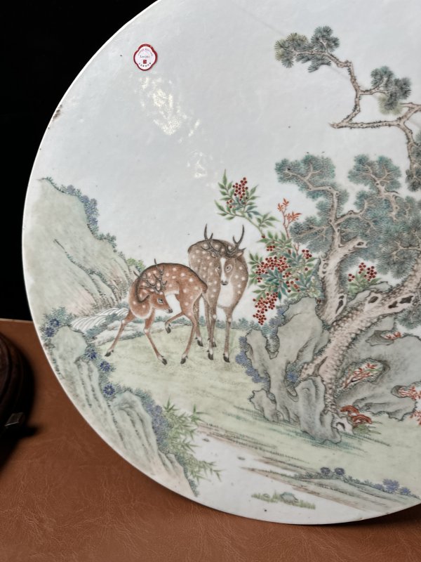 清  粉彩松鹿延年图瓷板插屏 - 图12