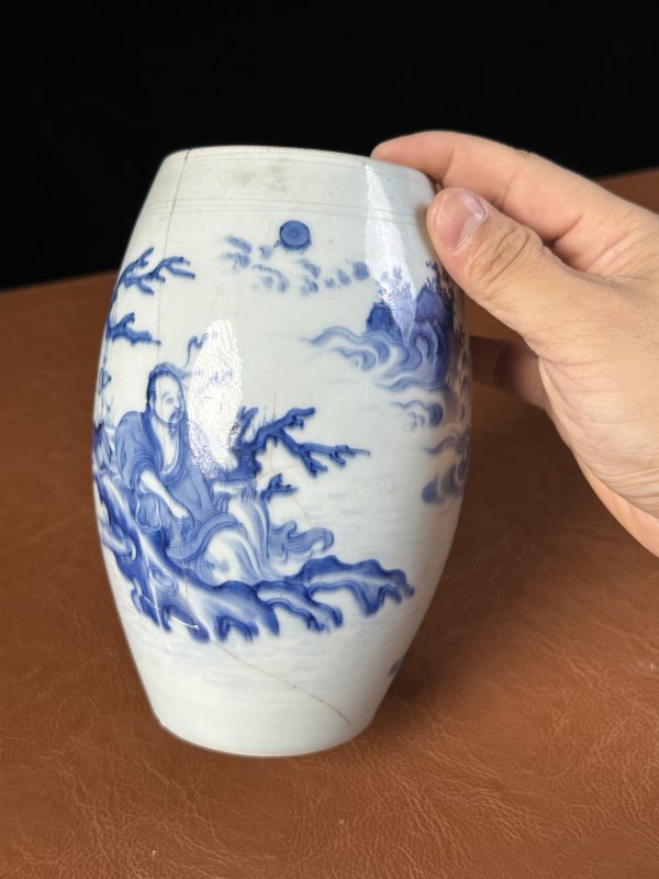 明崇祯 青花仙人乘槎图莲子罐 - 图8