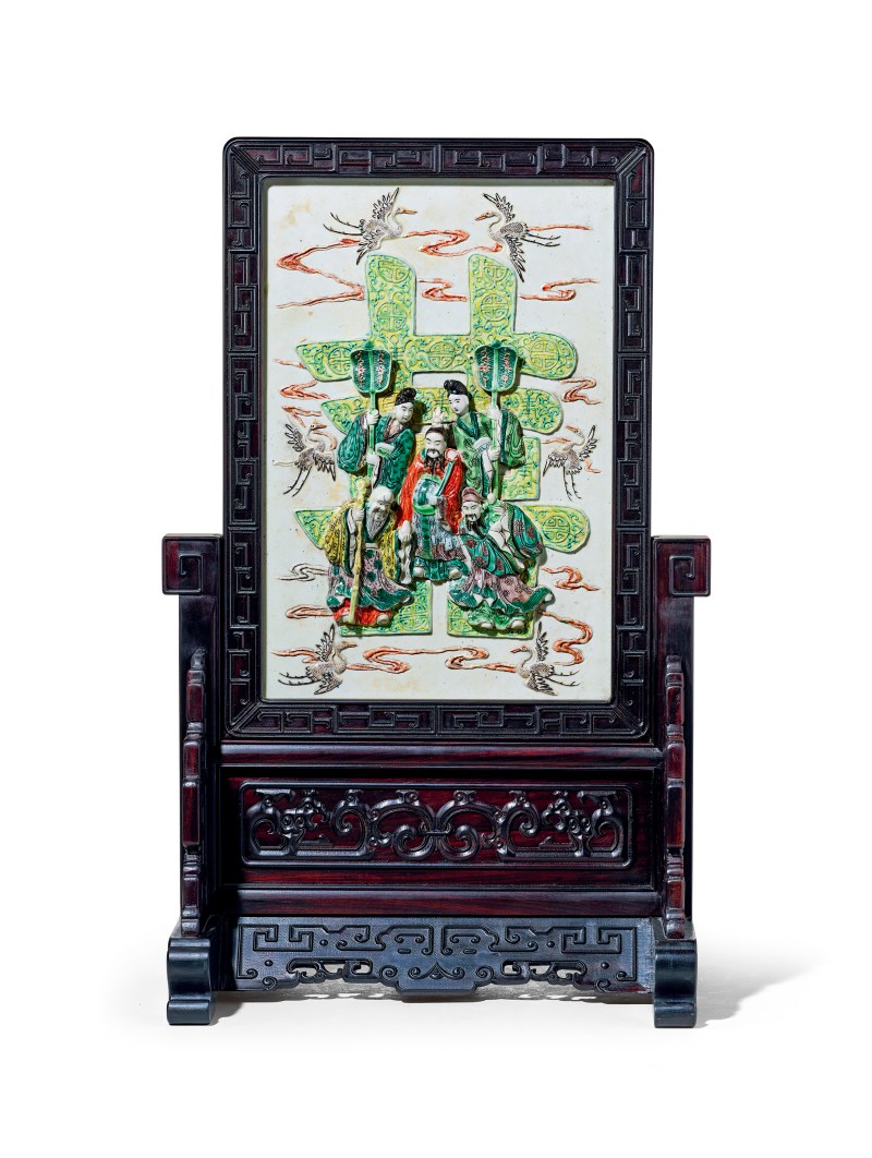 清晚期 素三彩贴塑喜字福禄寿插屏
