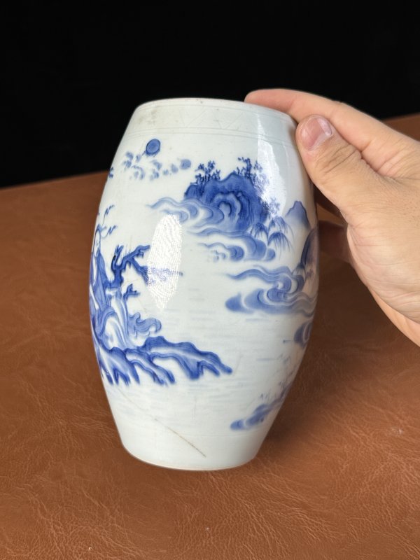 明崇祯 青花仙人乘槎图莲子罐 - 图9