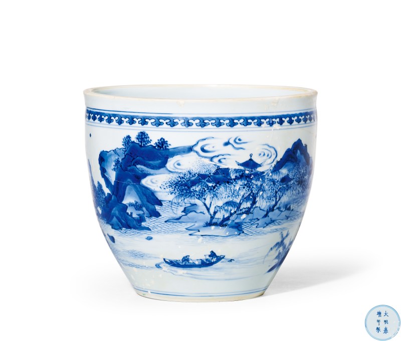 明崇祯 青花山水纹卷缸