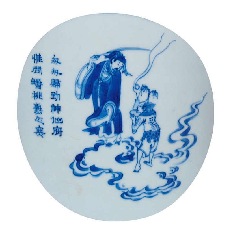 明崇祯 青花锦地开窗人物诗文筒瓶 - 图2