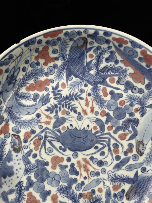 清康熙 青花釉里红鱼藻纹大盘 - 图7