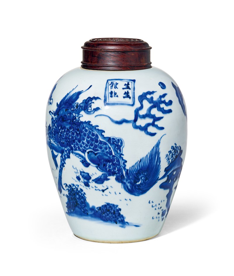 清顺治  青花麒麟纹罐