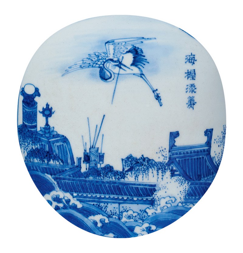明崇祯 青花锦地开窗人物诗文筒瓶 - 图3