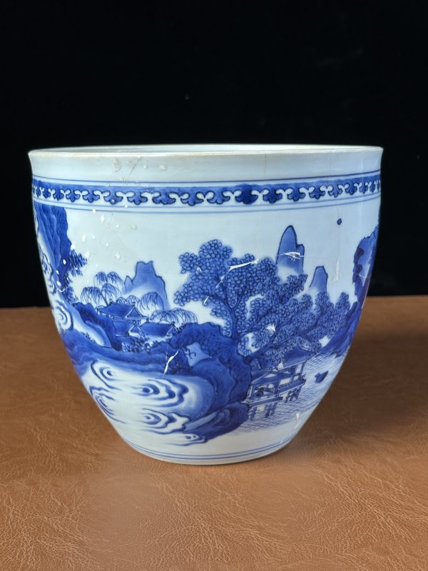 明崇祯 青花山水纹卷缸 - 图2