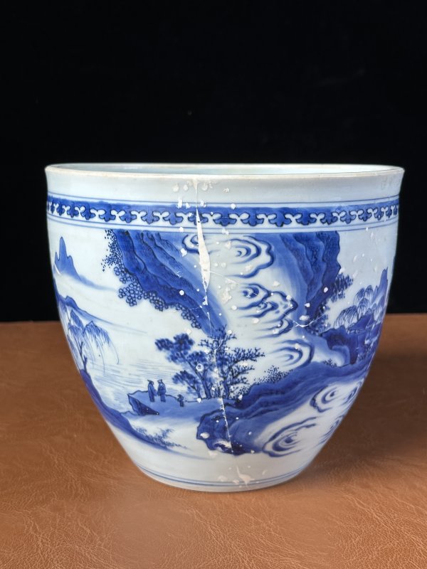 明崇祯 青花山水纹卷缸 - 图3