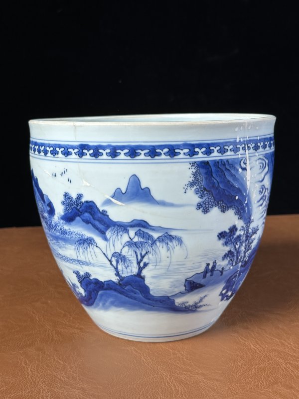 明崇祯 青花山水纹卷缸 - 图4