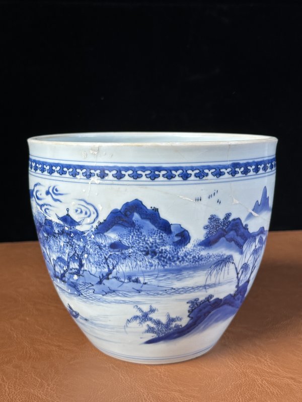 明崇祯 青花山水纹卷缸 - 图5
