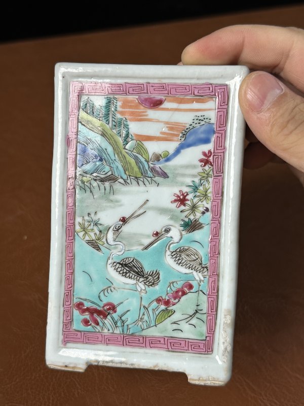 清雍正 粉彩仙鹤旭日四方笔筒 - 图9