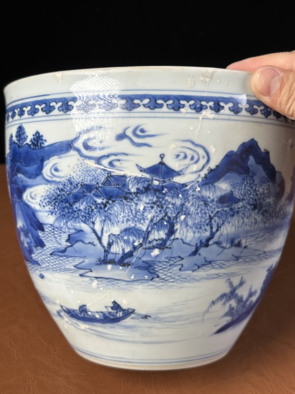 明崇祯 青花山水纹卷缸 - 图6