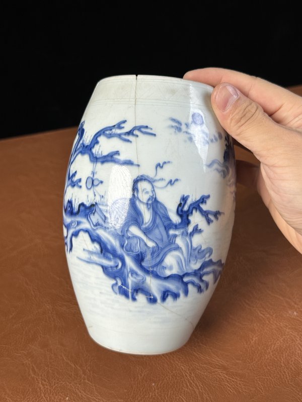 明崇祯 青花仙人乘槎图莲子罐 - 图6