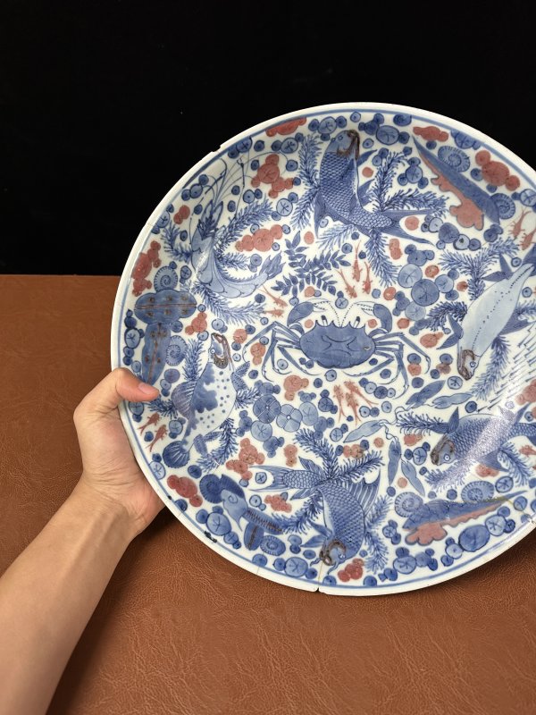 清康熙 青花釉里红鱼藻纹大盘 - 图4