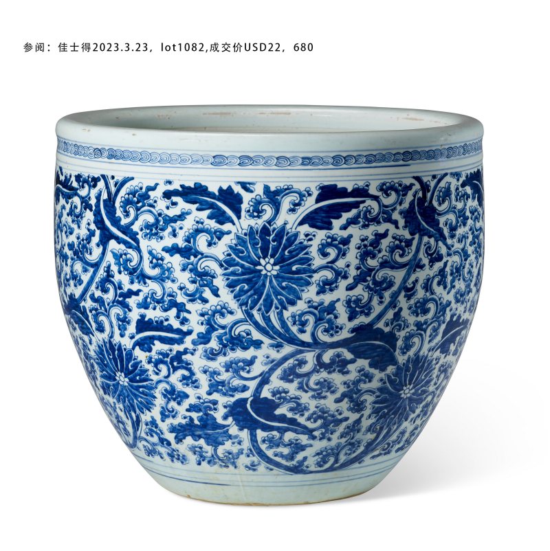 清康熙 青花缠枝花卉纹大缸 - 图2