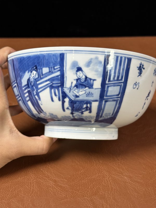 清康熙 青花诗文侍女人物纹碗 - 图6
