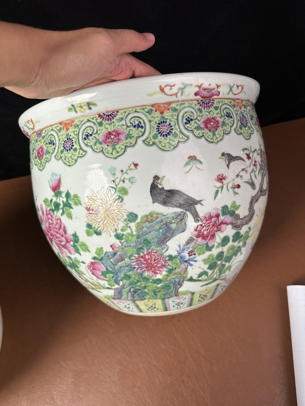 清晚期 粉彩花鸟缸一对 - 图10
