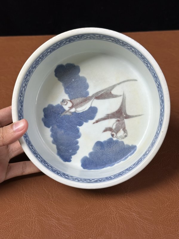 清中期 青花釉里红双鱼洗 - 图2