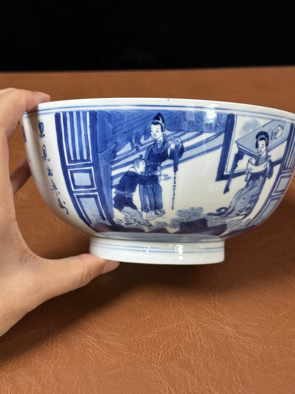 清康熙 青花诗文侍女人物纹碗 - 图9