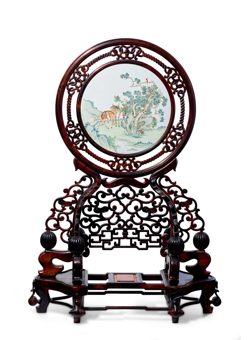 清  粉彩松鹿延年图瓷板插屏