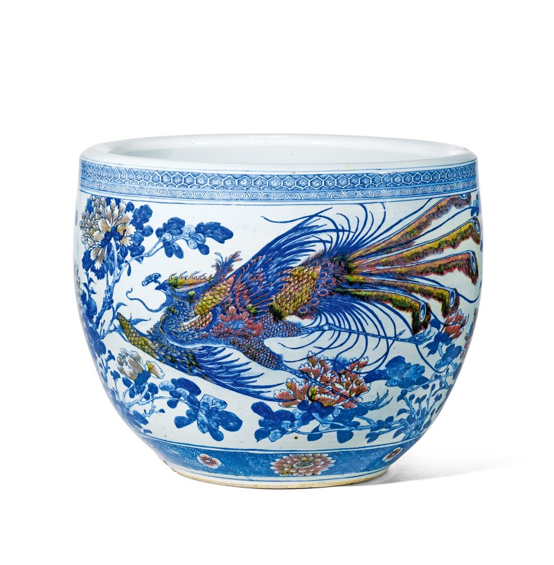 清中期 青花釉里红锦鸡牡丹图大缸
