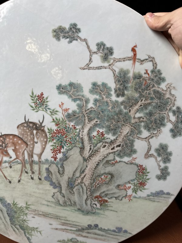 清  粉彩松鹿延年图瓷板插屏 - 图11