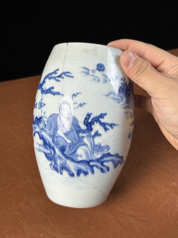 明崇祯 青花仙人乘槎图莲子罐 - 图7