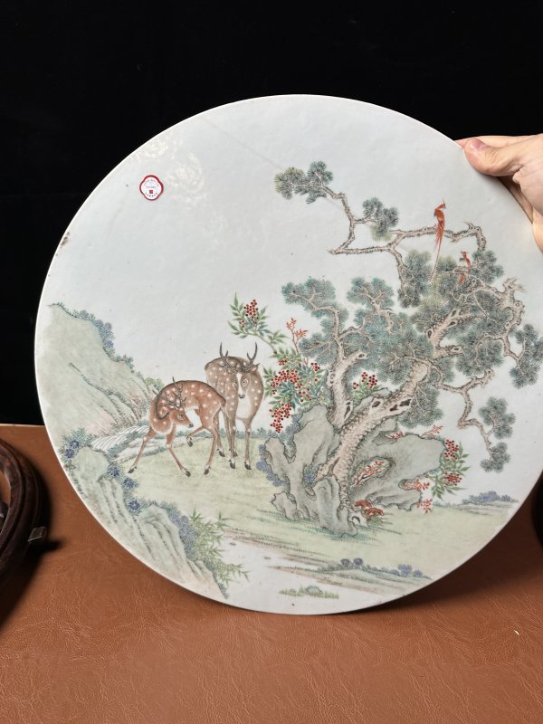 清  粉彩松鹿延年图瓷板插屏 - 图3