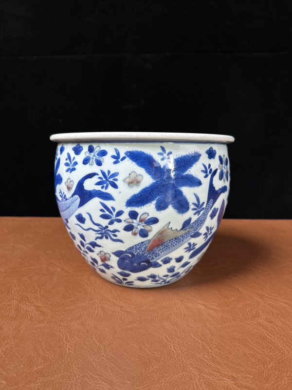清康熙 青花釉里红鱼藻纹卷缸 - 图7