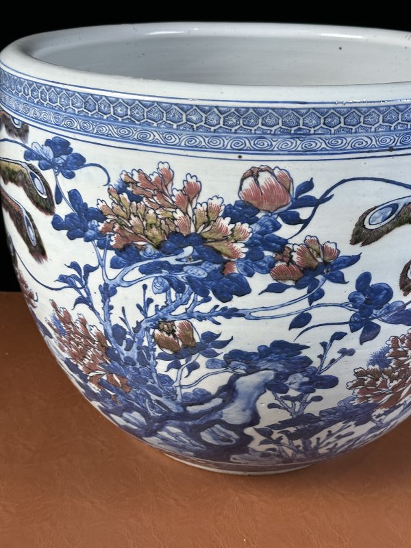 清中期 青花釉里红锦鸡牡丹图大缸 - 图6