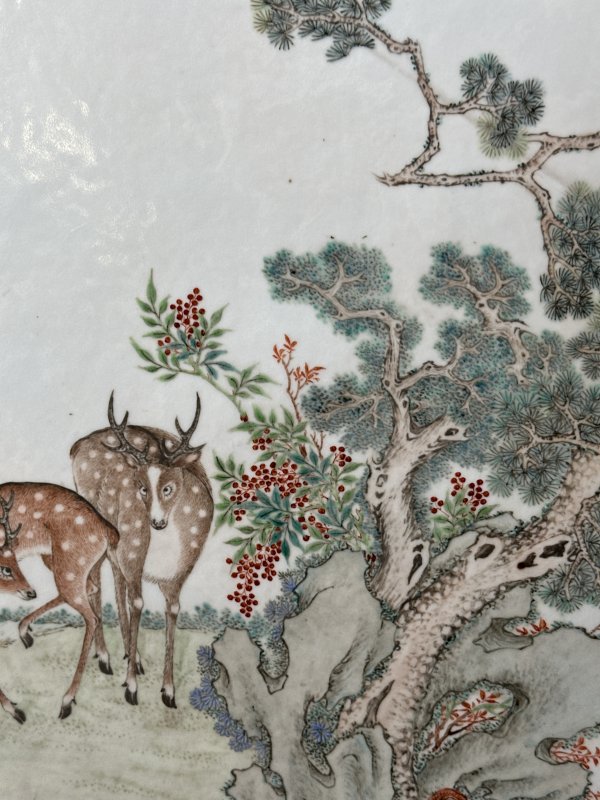 清  粉彩松鹿延年图瓷板插屏 - 图7
