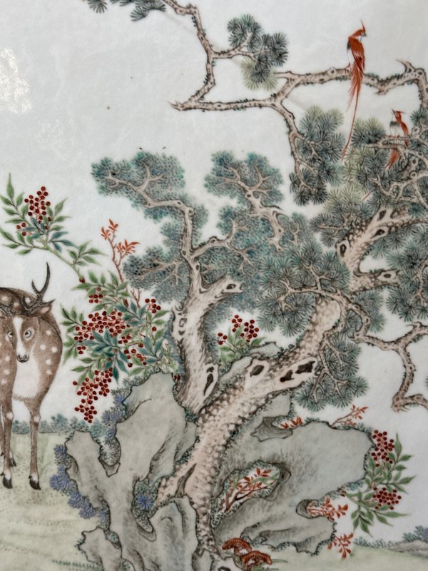 清  粉彩松鹿延年图瓷板插屏 - 图8