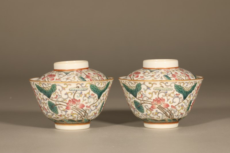清光绪 粉彩荷花盖碗 - 图2