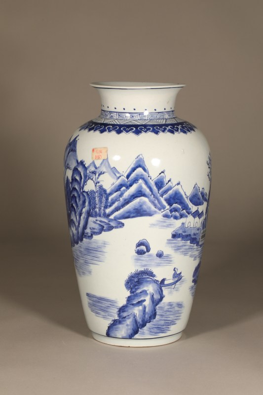 清 青花山水人物尊 - 图5