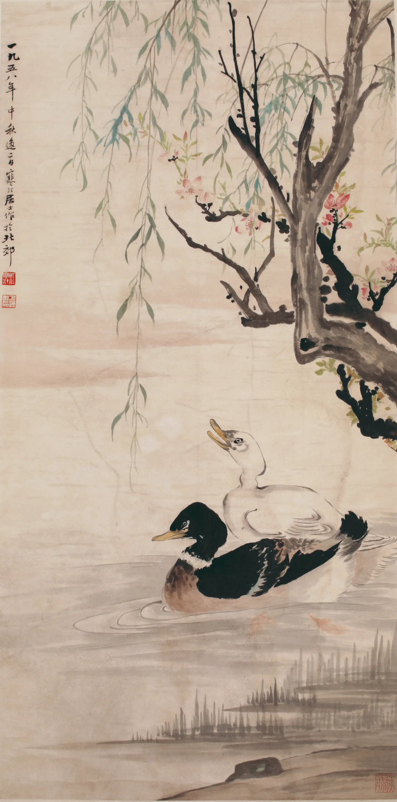 江寒汀 春江鸭嬉 - 图1