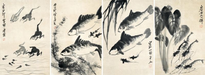    齊白石 魚蝦水草四屏