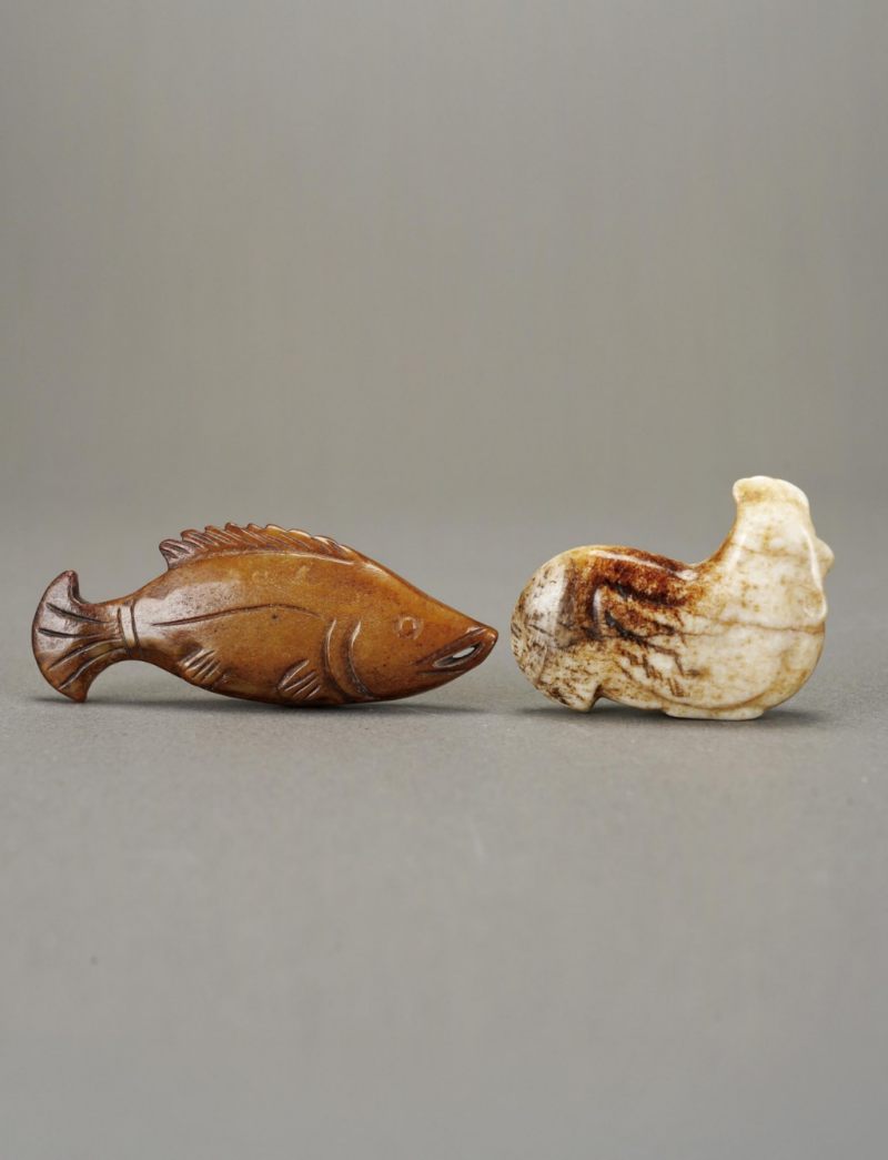    清 玉魚丶玉雞二件