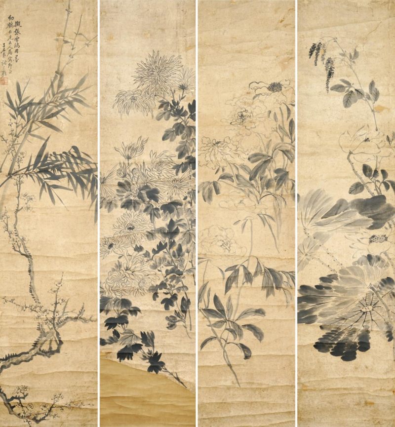    謝元麟 梅蘭菊竹四屏 - 图1