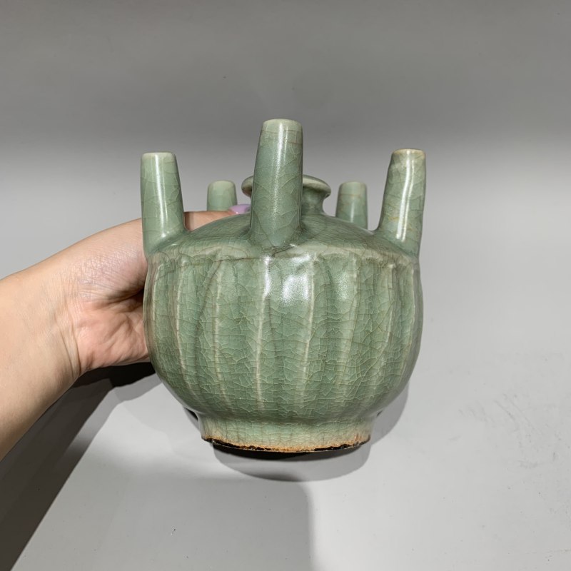 明代 龙泉窑青釉五管花插 - 图4