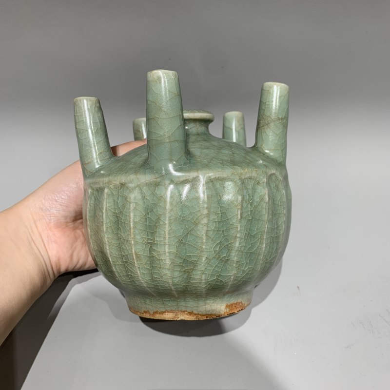 明代 龙泉窑青釉五管花插 - 图5