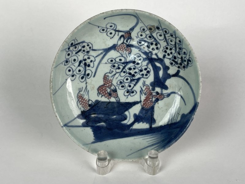 清中 青花釉里红花鸟盘 - 图1