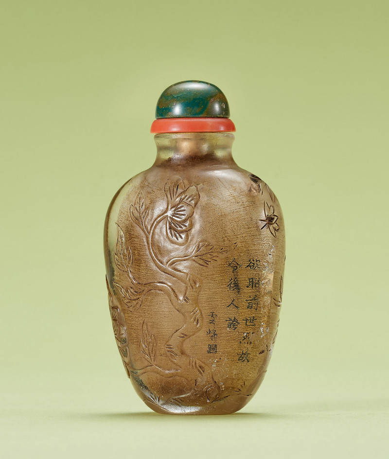 十九世紀  甘烜文作 水晶內畫富貴延年鼻煙壺 - 图2